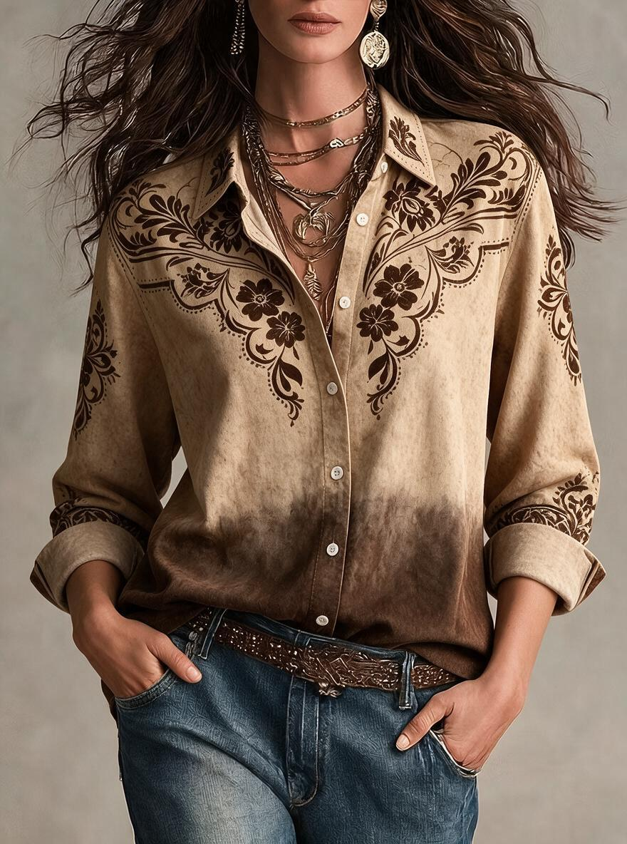 Brown Ombre Floral Button-Down Shirt
