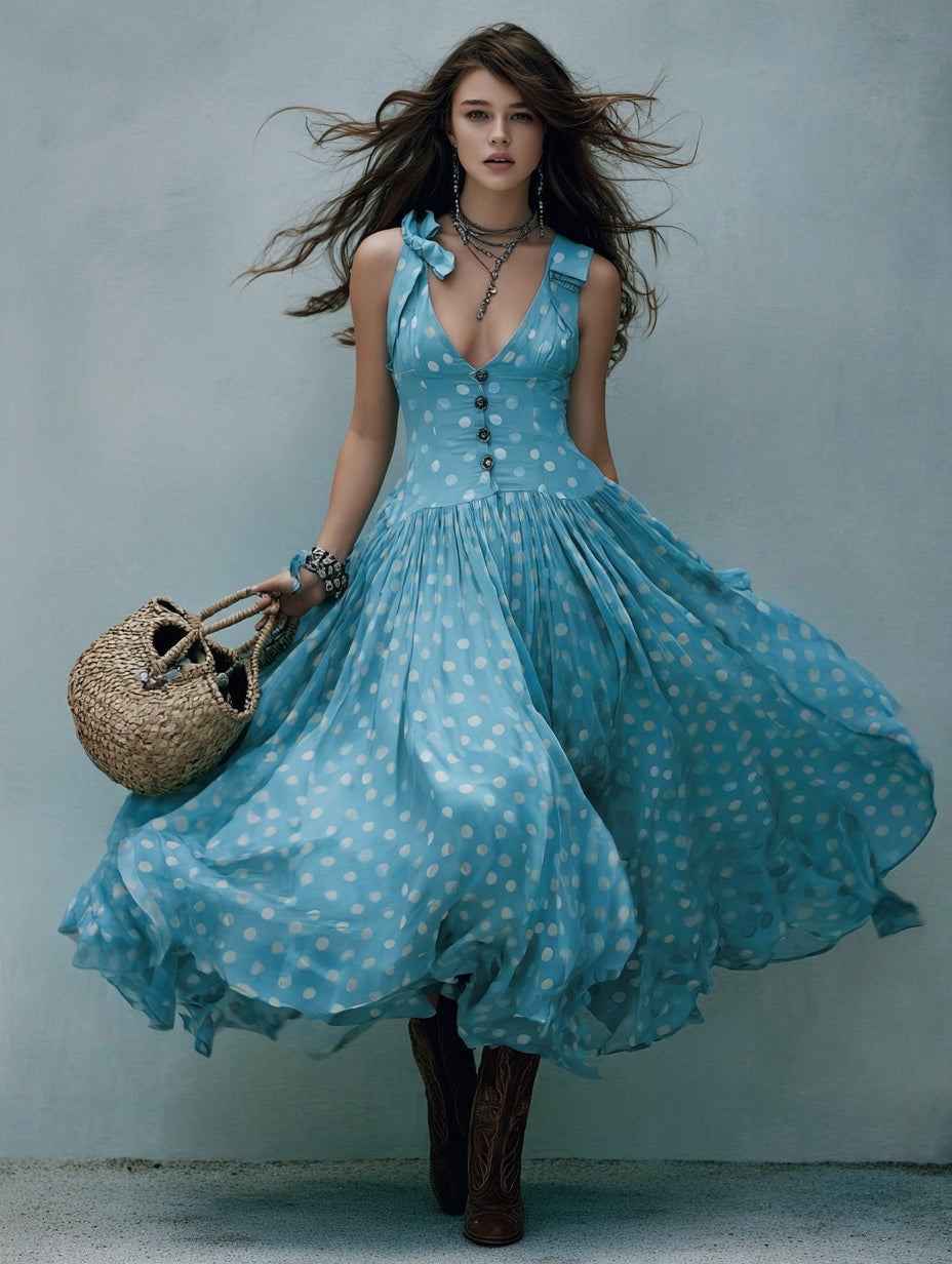 Polka Dot V-Neck Dress With Bow-Tie Straps