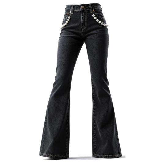Retro Western Style Ethnic Style Beaded Flared Denim Wide-leg Pants
