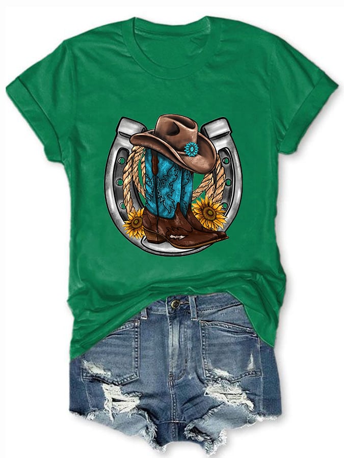 Women's Turquoise Western Boots Print Short Sleeve T-Shirt