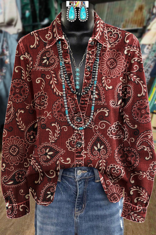 Retro Paisley Floral Print Long Sleeve Top