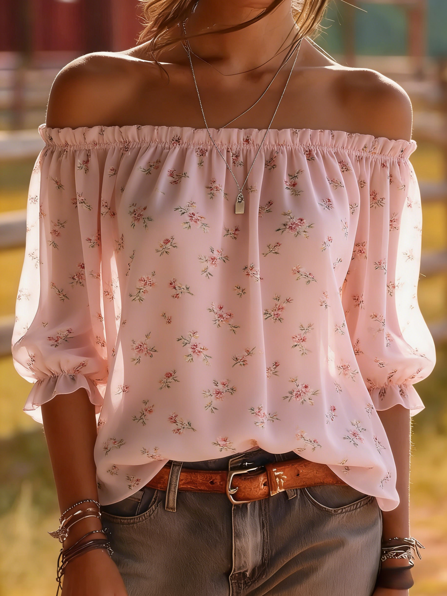 Pink Floral Off-Shoulder Blouse - Romantic Ruffle Sleeve Top