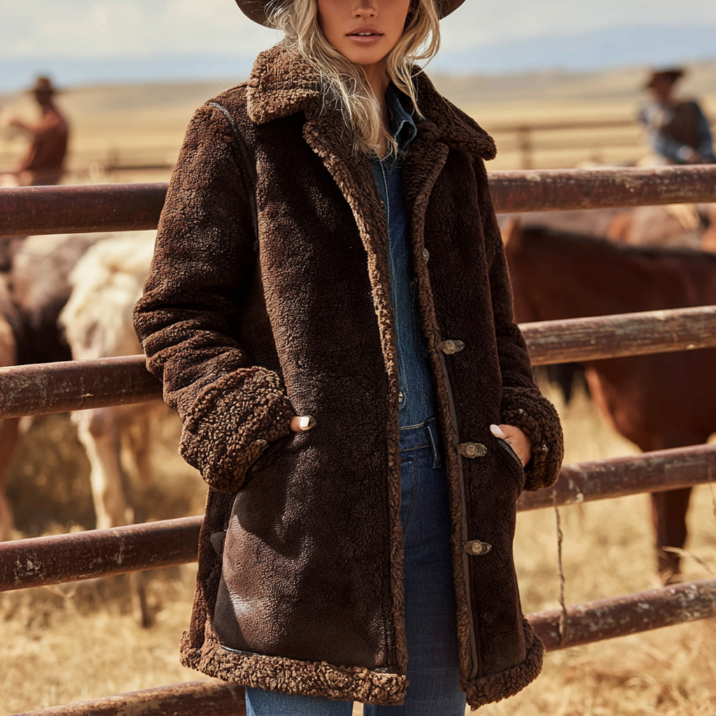 Women's Vintage Rustic Elegance: Brown Faux Fur Coat In A Ranch Setting