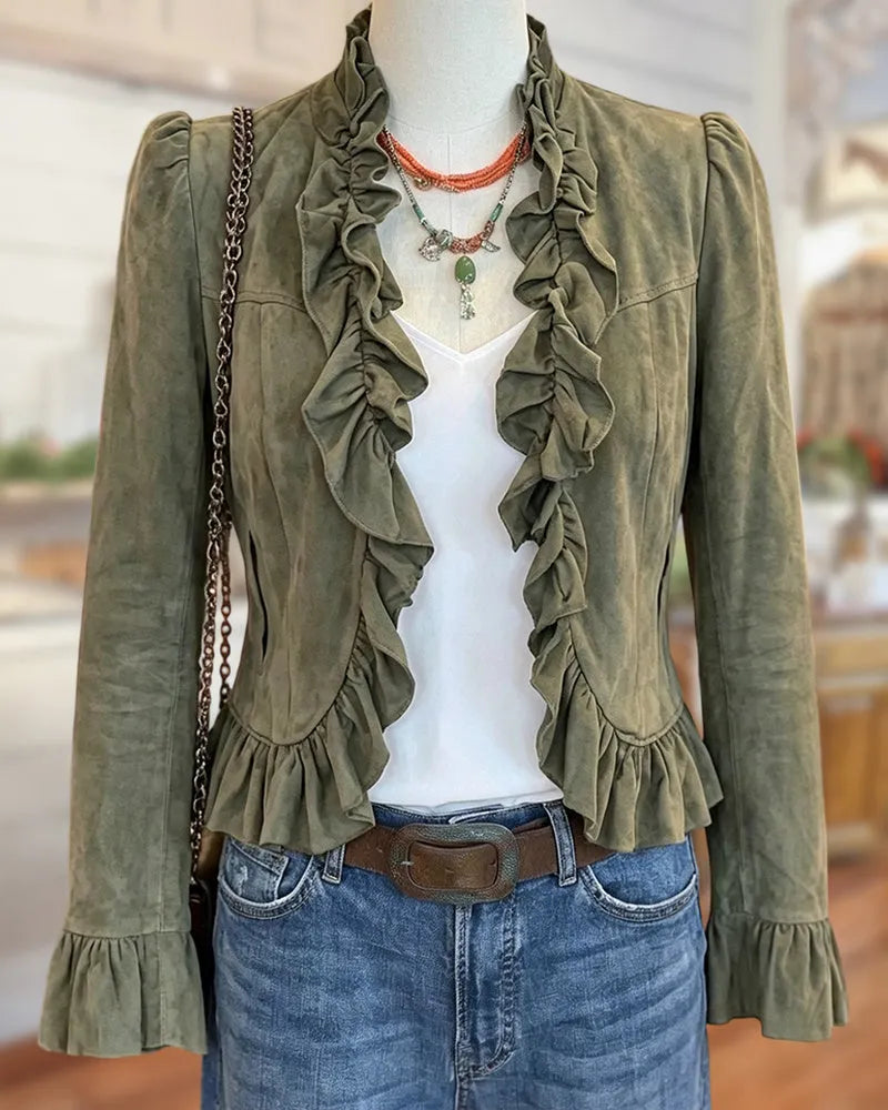 Ruffled Trim Puff Sleeve Open Front Cropped Suede Jacket