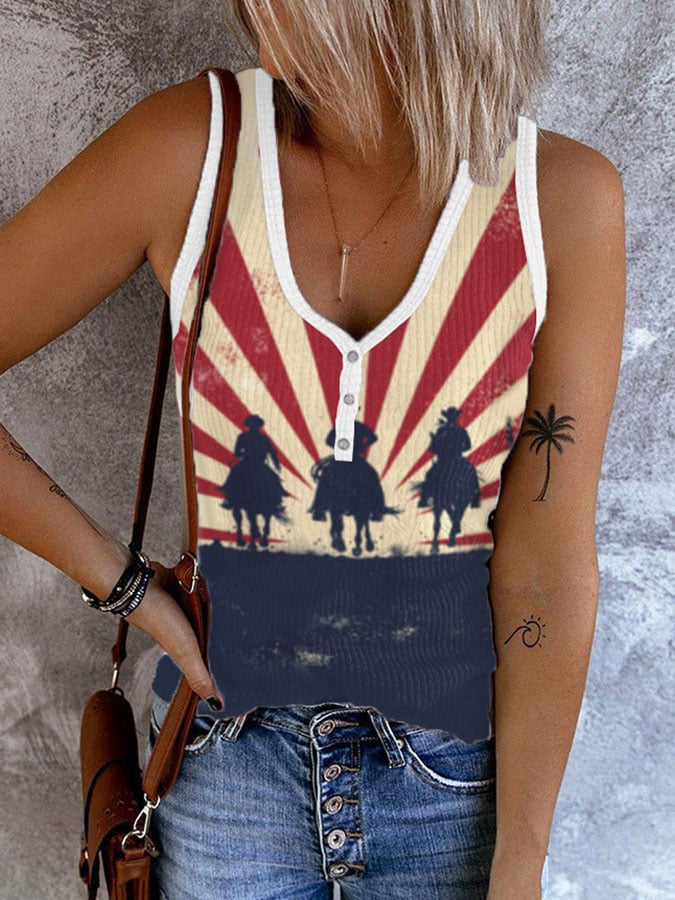 Women's Western Print Round Neck Sleeveless Tank Top