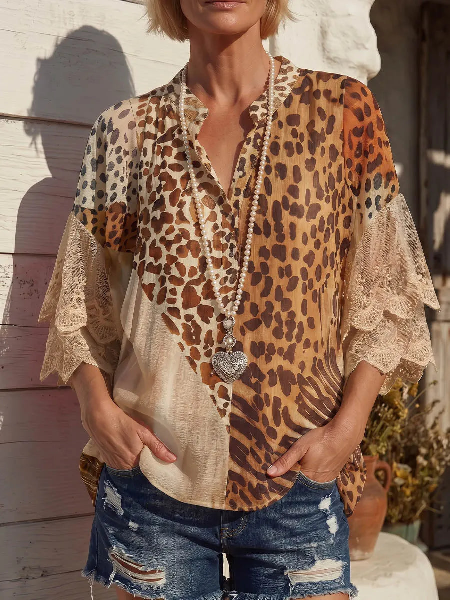 Vintage Art Comfortable Summer Fabrics Sheer Leopard Print Chiffon Patchwork Lace Shirt