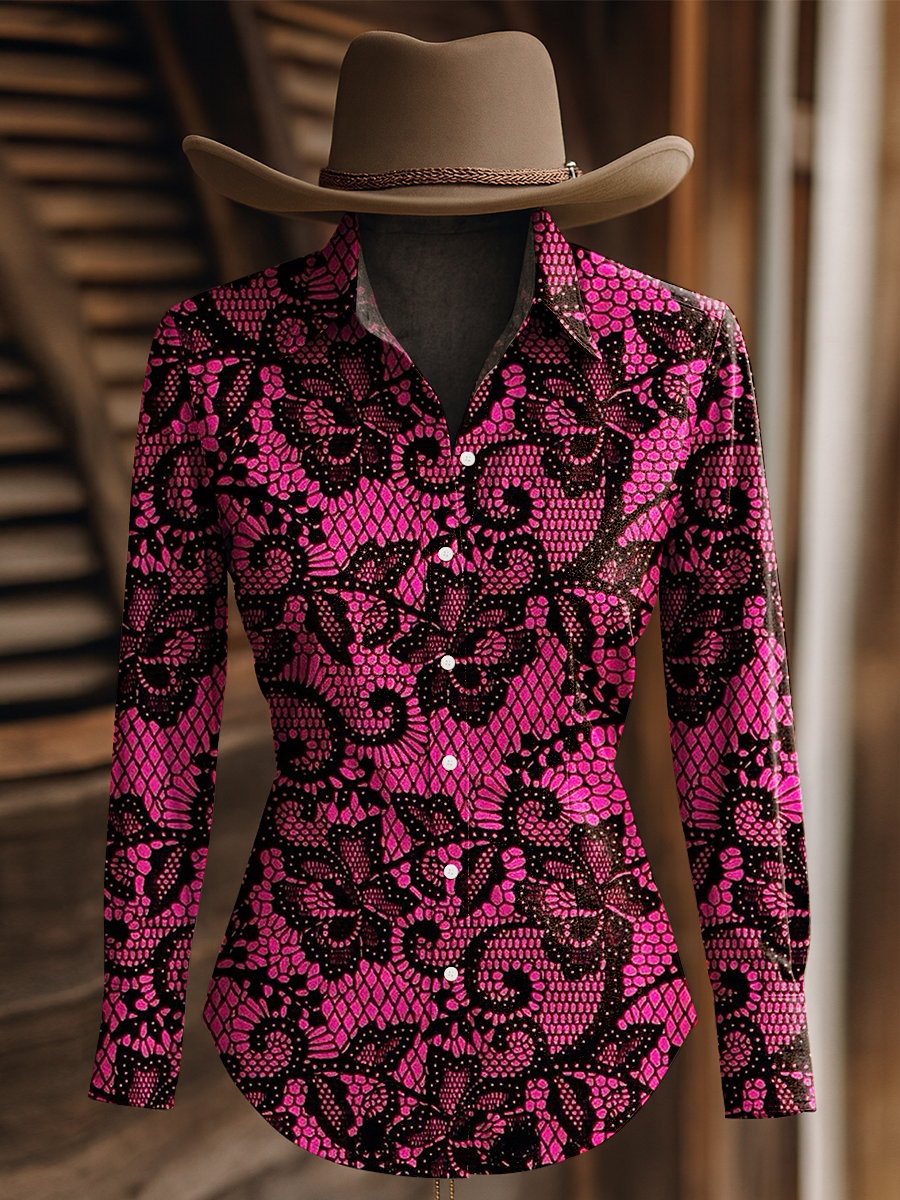 Women's Vintage Black and Pink Floral Print Western Long Sleeve Shirt