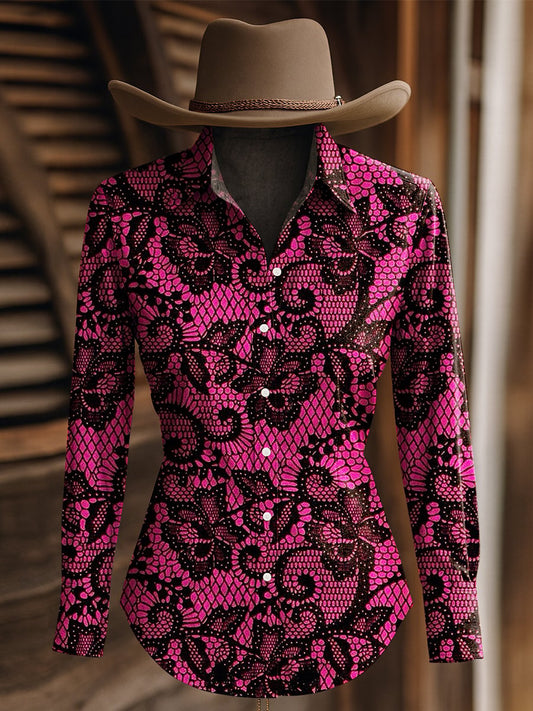 Women's Vintage Black and Pink Floral Print Western Long Sleeve Shirt