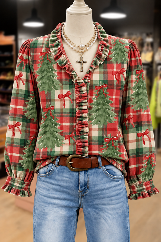 Mixed Plaid Tree Print Long Sleeve Christmas Blouse