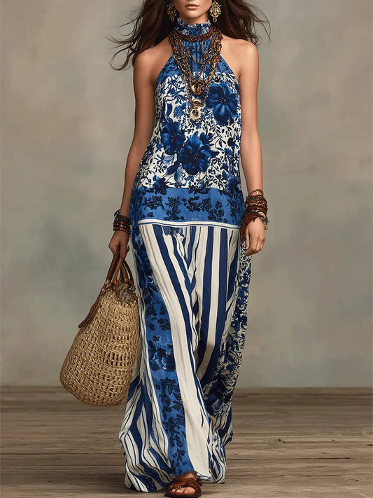 Women's Retro Ethnic Floral Pattern Art Print Casual Fashion Maxi Dress