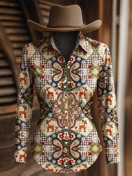 Women's Vintage Christmas Elk Paisley Floral Print Western Long Sleeve Shirt