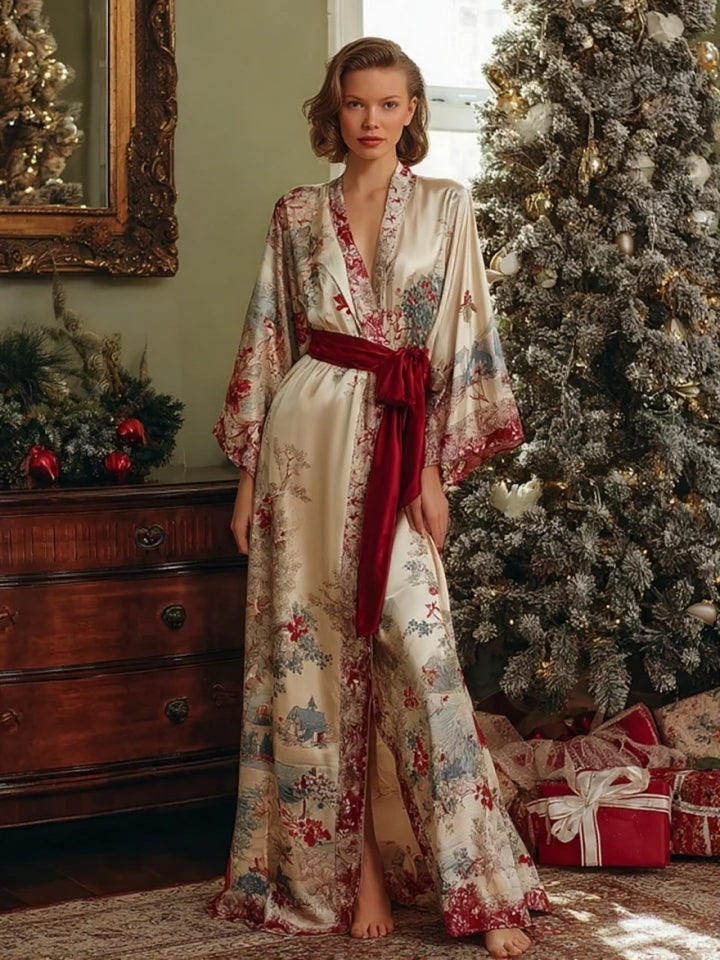 Elegant autumn/winter fleece Christmas-themed bathrobe (with belt)