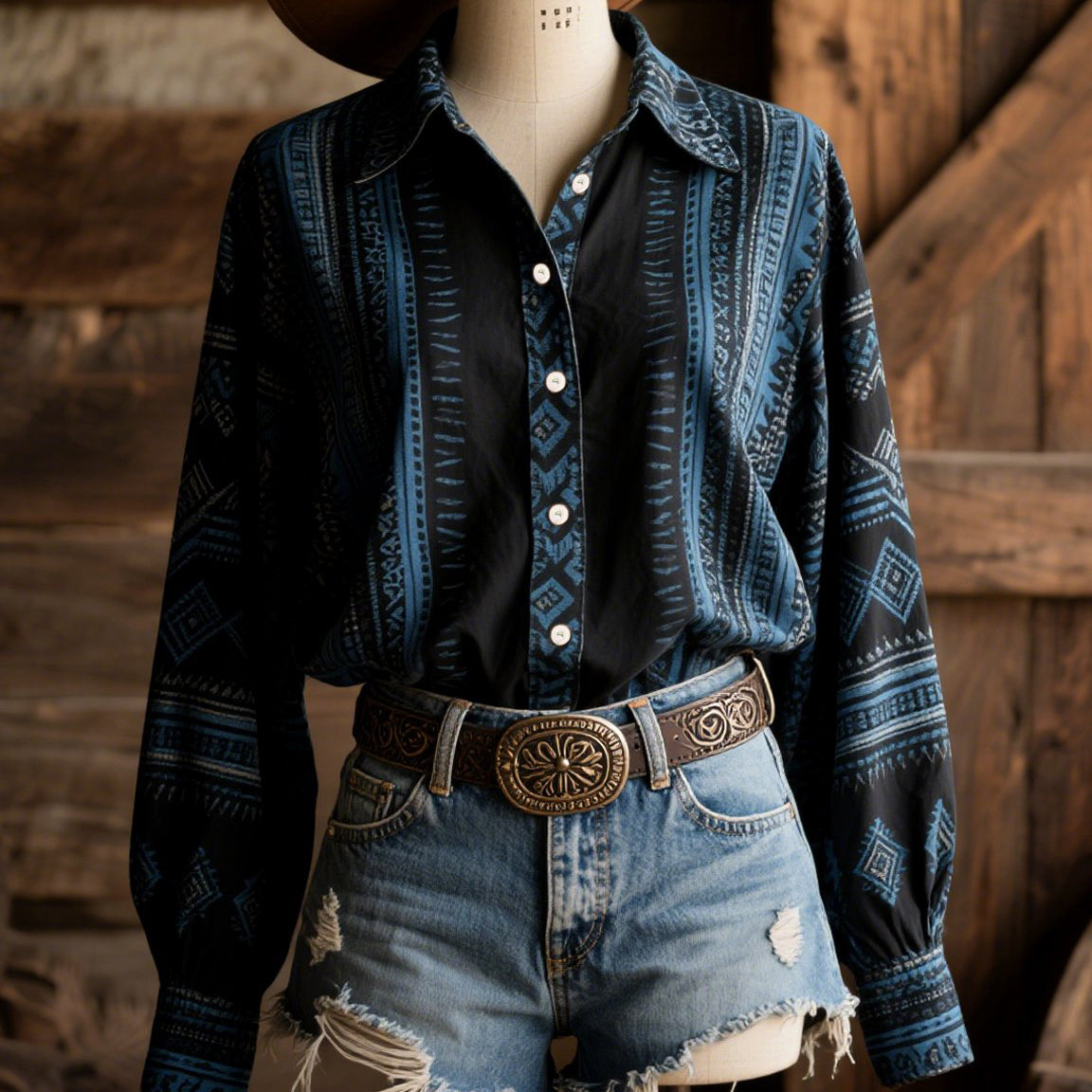 Women's Retro Western Geometric Art Long Sleeve Shirt