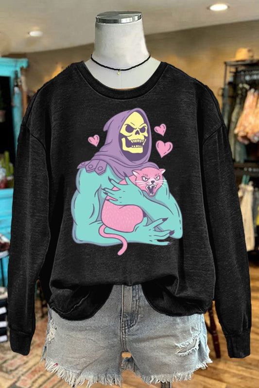 Day Of The Dead Skull Cat Print Sweatshirt