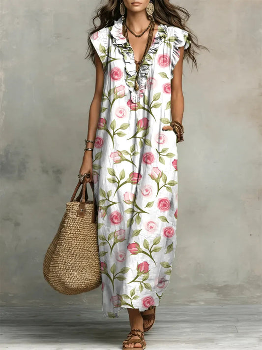 Women's Floral Pattern Art Print Casual Ruffled Stylish Dress