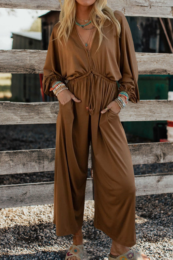 Loose Flattering Long Sleeves Deep V-Neck Jumpsuit