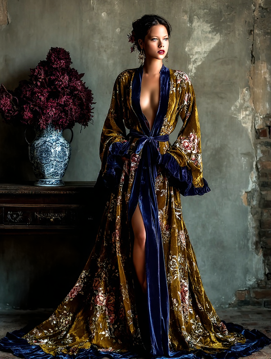 Women's Vintage Elegant Palace Floral Print Robe (belt Included)