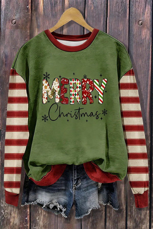 Merry Christmas Print Striped Long Sleeve Sweatshirt