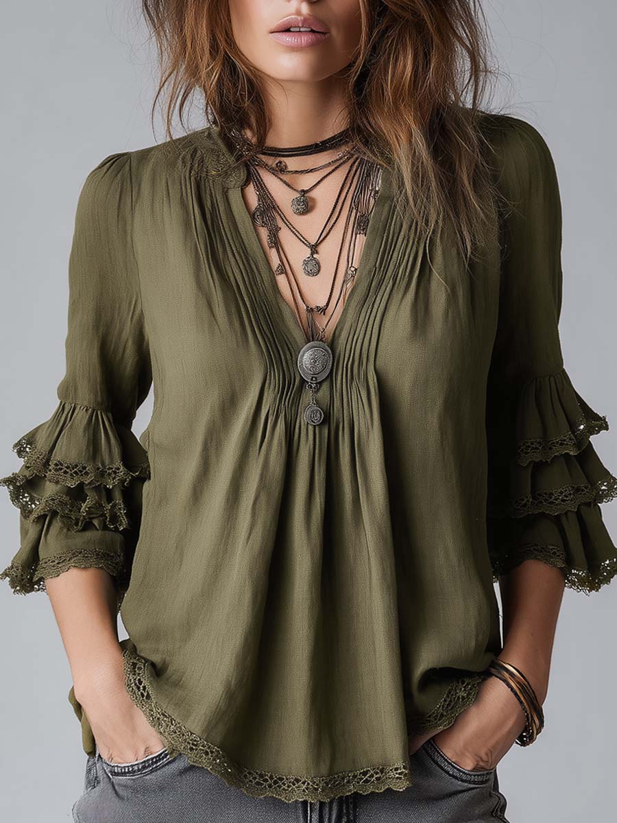 Vintage Ruffled Sleeves Lace Trim Cotton Linen Blouse