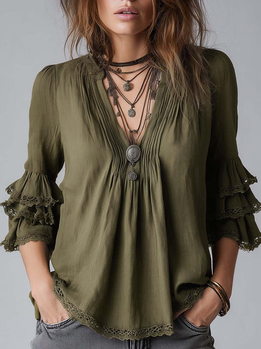 Vintage Ruffled Sleeves Lace Trim Cotton Linen Blouse