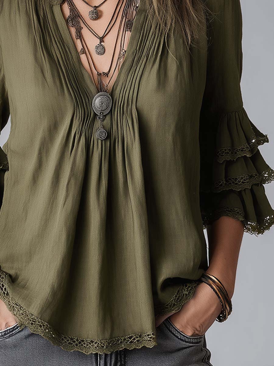 Vintage Ruffled Sleeves Lace Trim Cotton Linen Blouse
