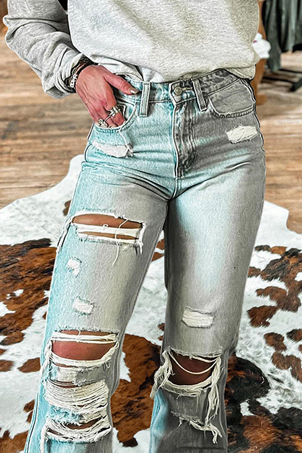 Ripped Washed Flared Jeans