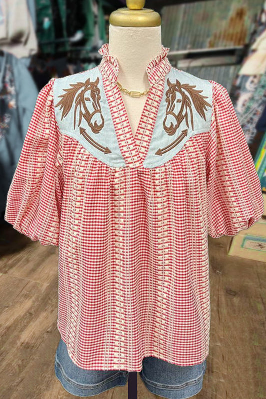 Gingham Horse Embroidered Puff Sleeve Top