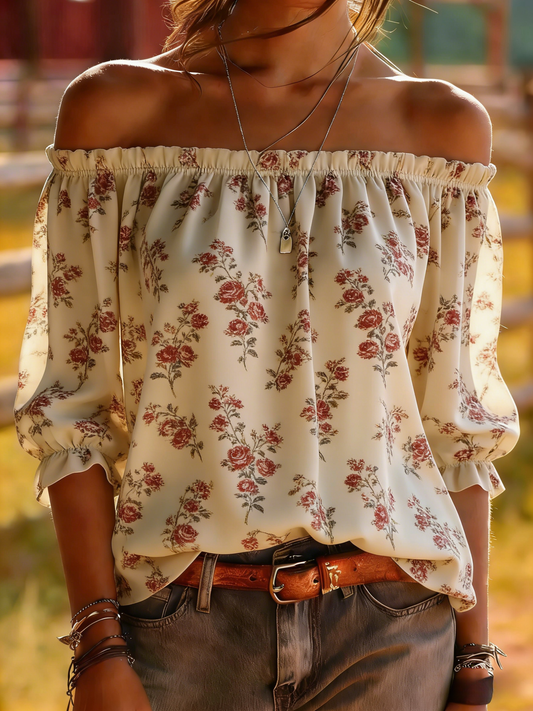 Cream Rose Vine Off-Shoulder Blouse - Romantic Floral Balloon Sleeve Top