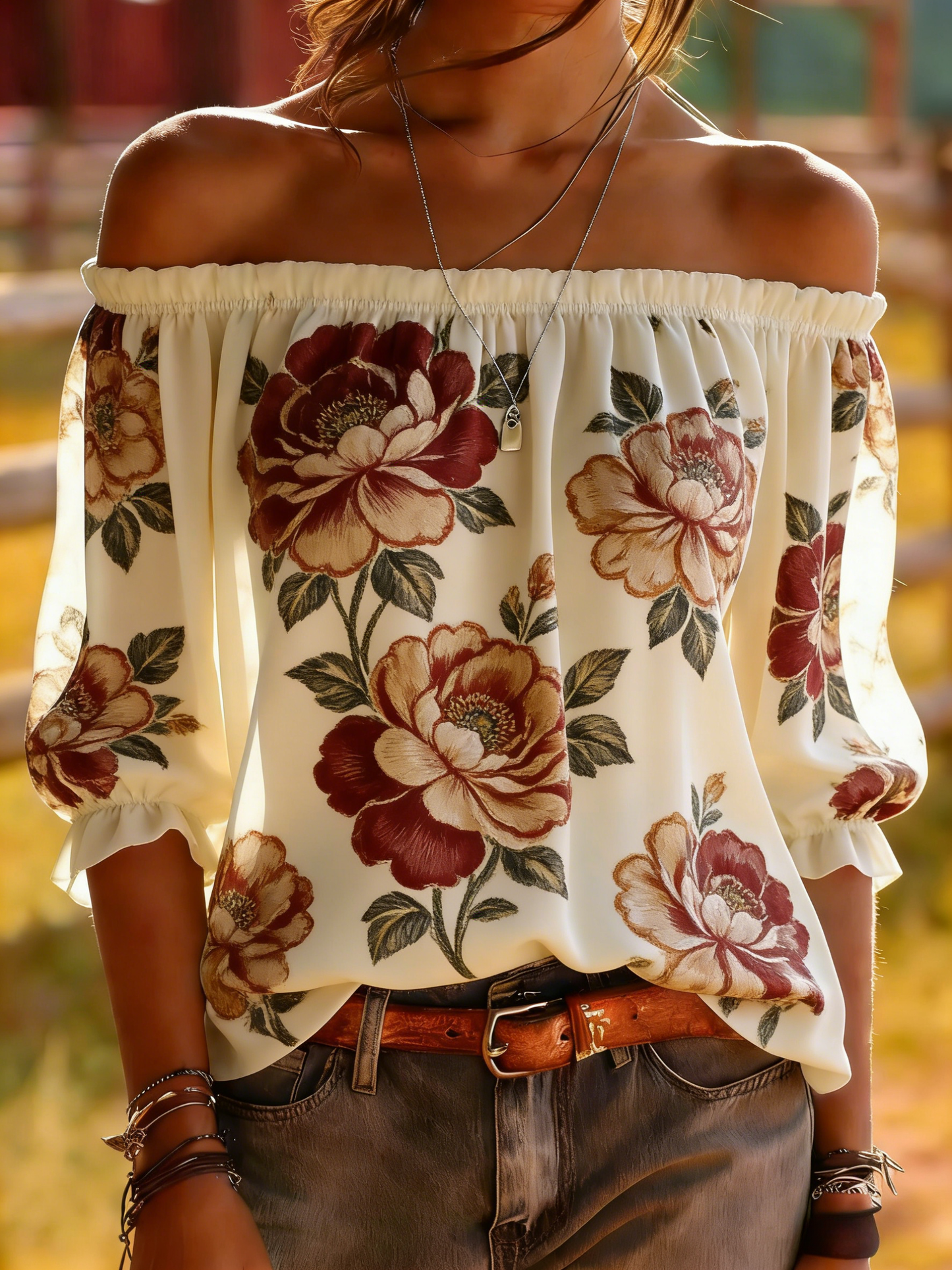 Cream Vintage Large Floral Off-Shoulder Blouse - Romantic Balloon Sleeve Top