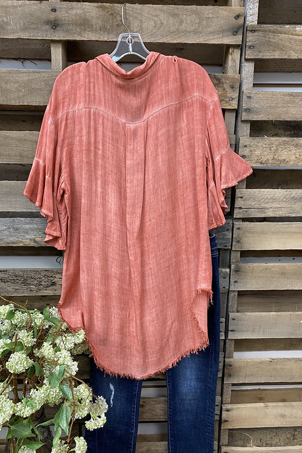 Washed Distressed Brushed Ruffle Sleeve Shirt