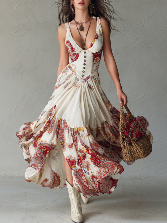 Paisley Placement Print V-Neck Dress
