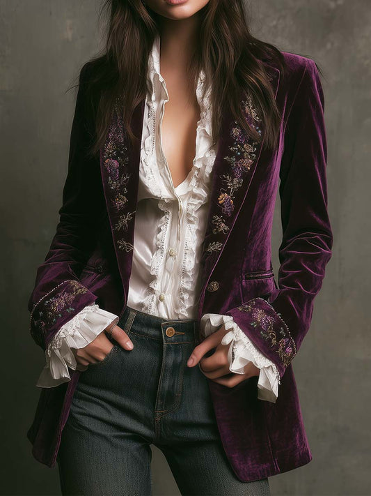Vintage Plum Velvet Embroidered Blazer