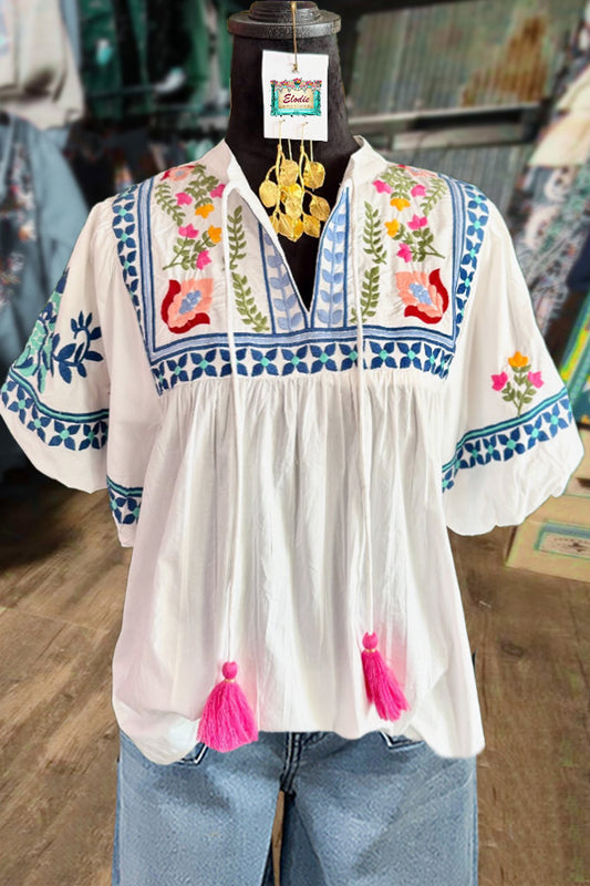 Flower Embroidered Tassel Neck Bubble Sleeve Top