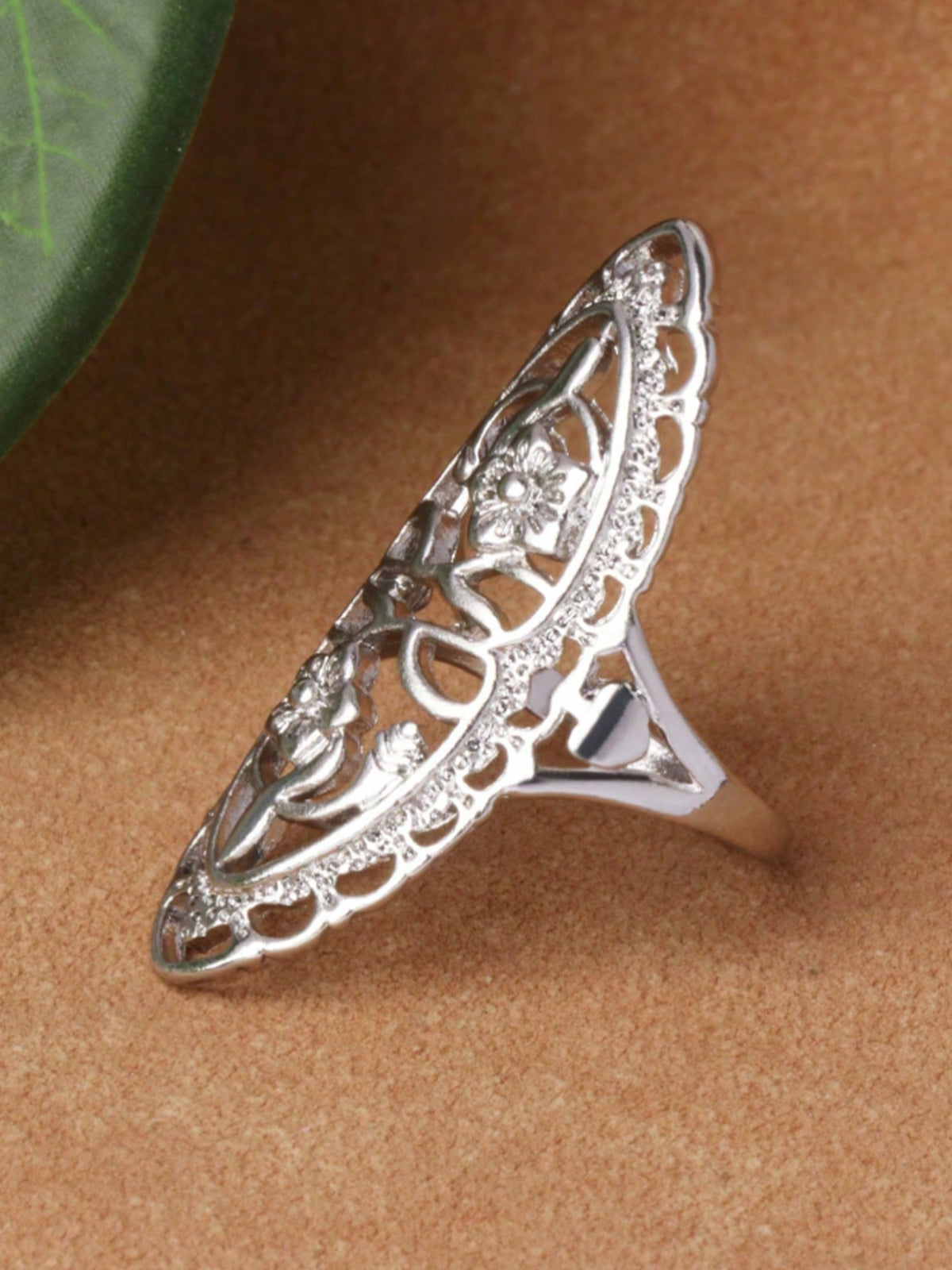 Ideal For Sunset Shoots — Antique Gold Heavy Hollow Floral Relief & Vintage Elongated Shield Silhouette Premium Alloy Statement Boho Ring