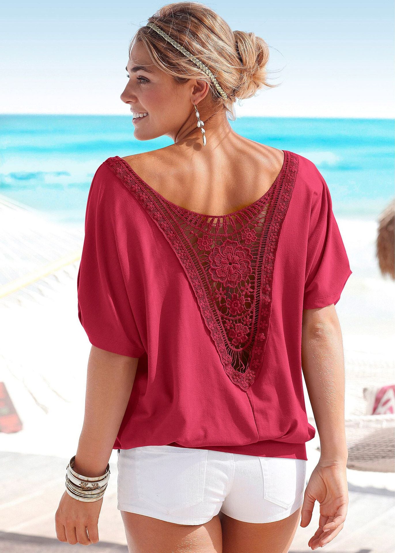 Boho V Neck Back Lace Batwing Sleeve Loose Top
