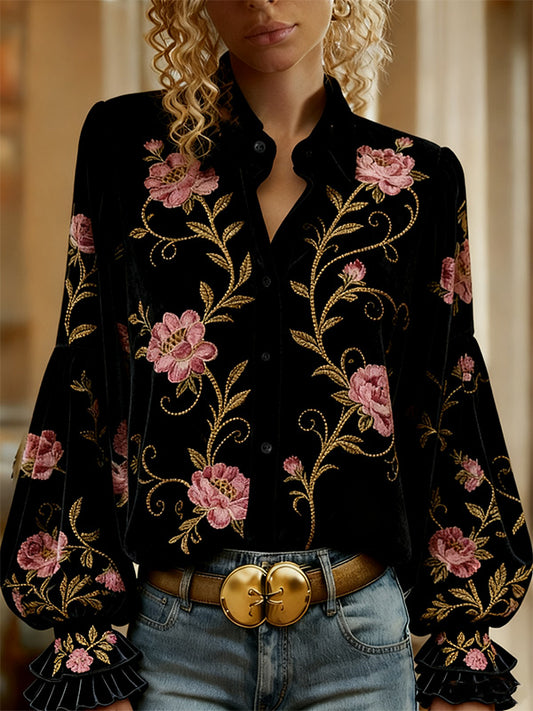 Retro Floral Embroidered Button Up Velvet Top