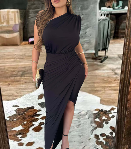 Western One-Shoulder Ruched Split Midi Dress