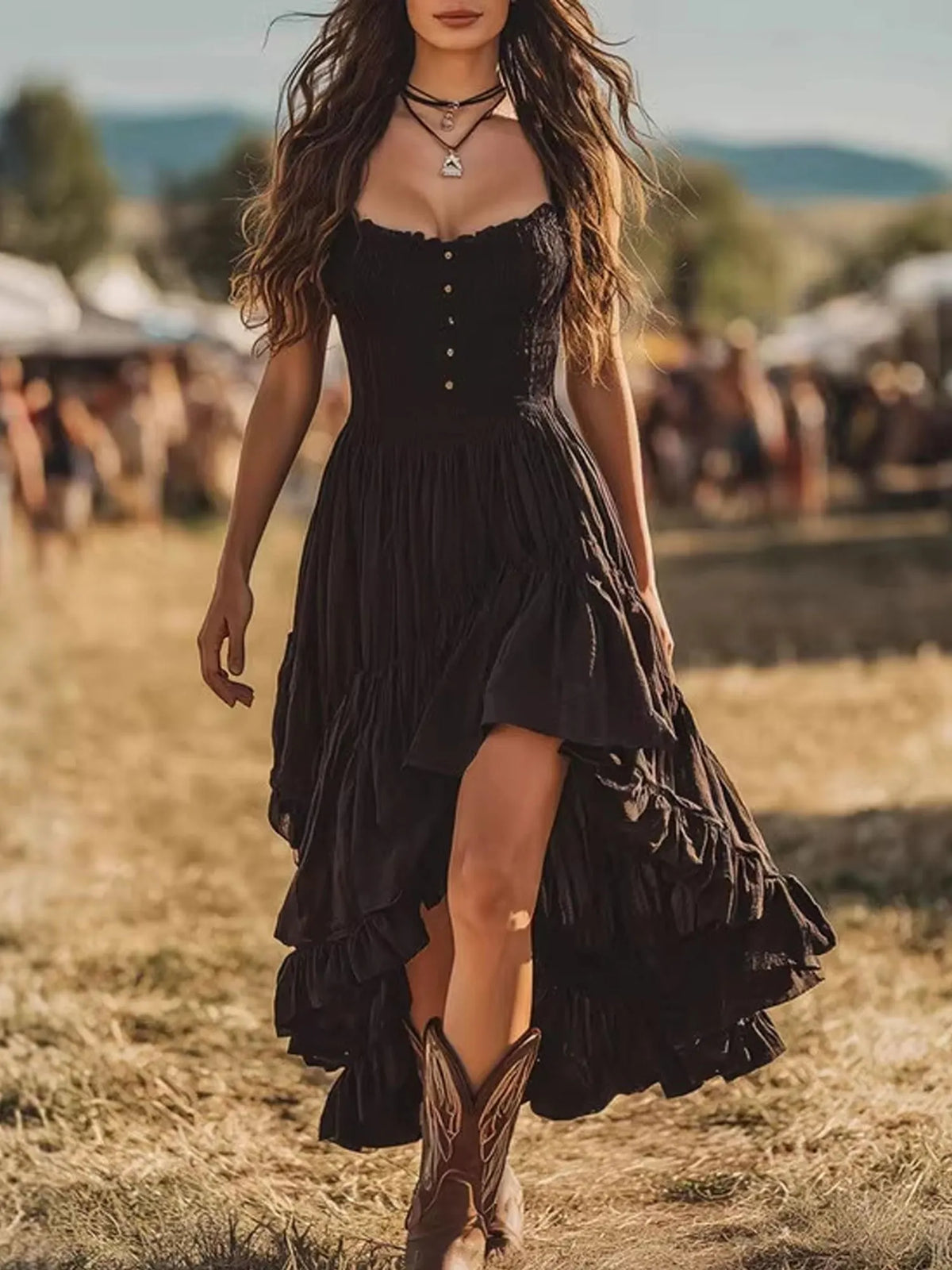 Dark Boho Aesthetic Midnight Desert Romance, Burgundy Smocked High-Low Tiered Maxi Dress