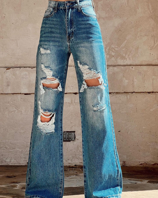 Retro Washed High Waist Ripped Wide Leg Straight Leg Jeans