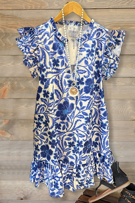 Ruffled Sleeves V-neck Printed Dress