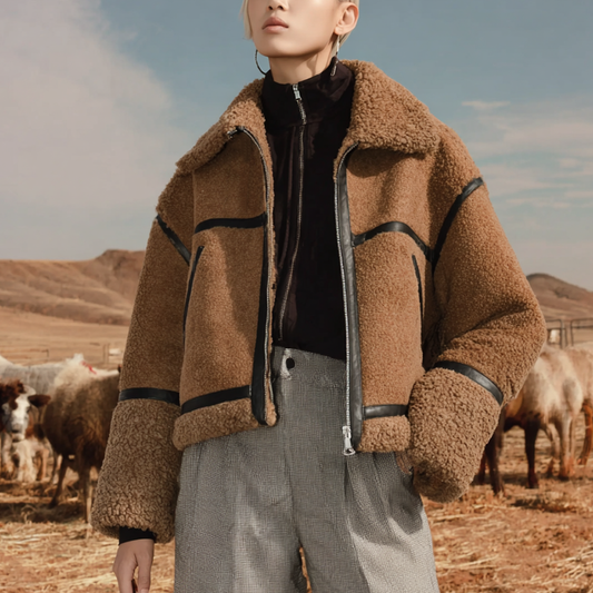 Women's Vintage Cozy Brown Teddy Coat With Leather Trim