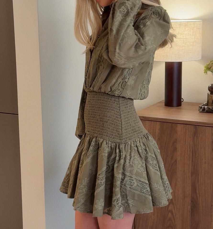 Olive-green Floral Lace Mini Dress