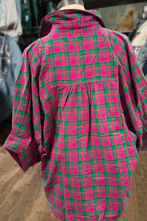 Plaid Collared Button Up Oversized Top