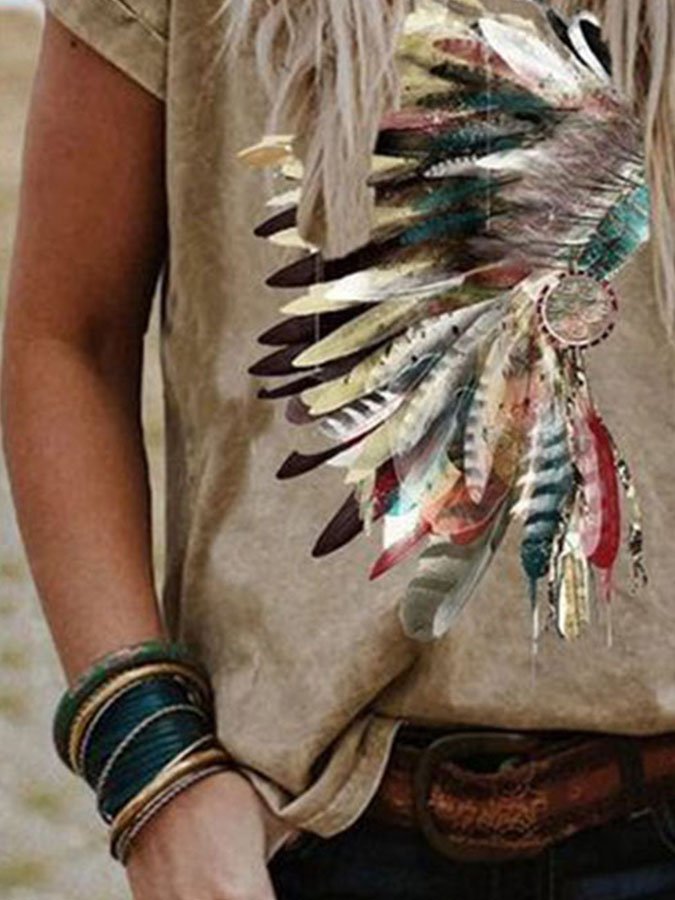 Western Feather Print Short Sleeve T-Shirt