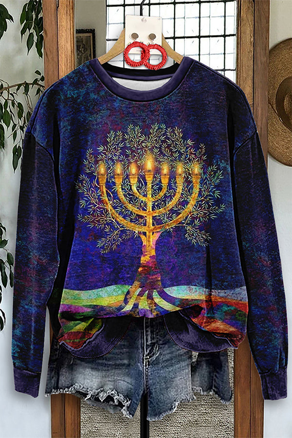 Vintage Hanukkah Menorah Print Sweatshirt