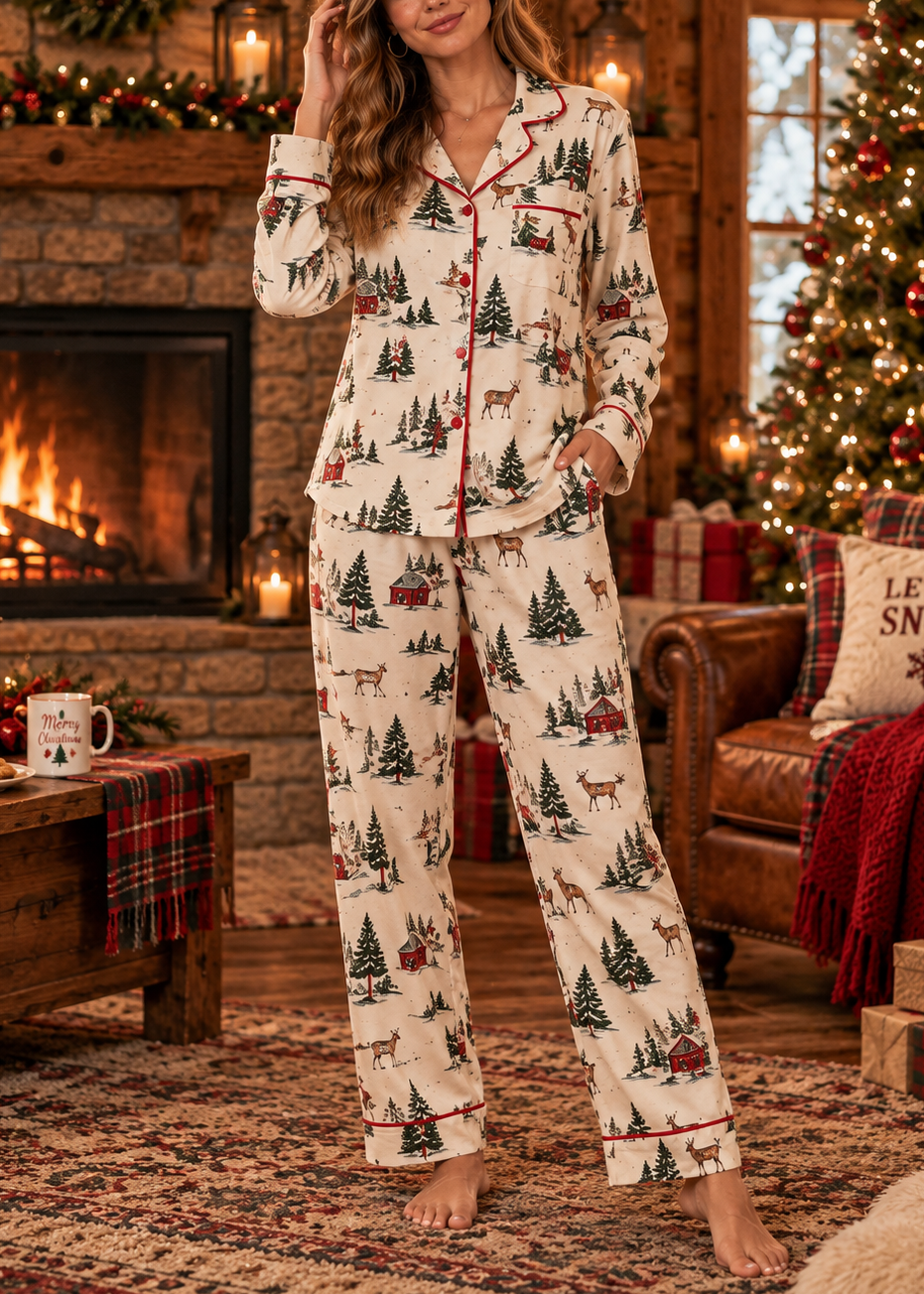 Women's Christmas Winter Forest Scene Long Sleeve Pants Suit
