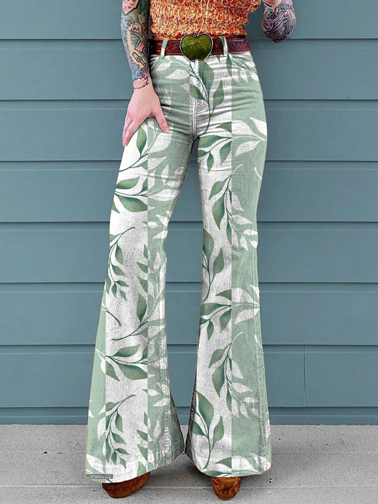 Women's Floral Stitching Print Mid-Rise Button-Hem Bootcut Pants (Without Belt)