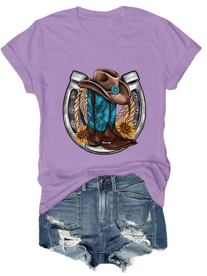 Women's Turquoise Western Boots Print Short Sleeve T-Shirt