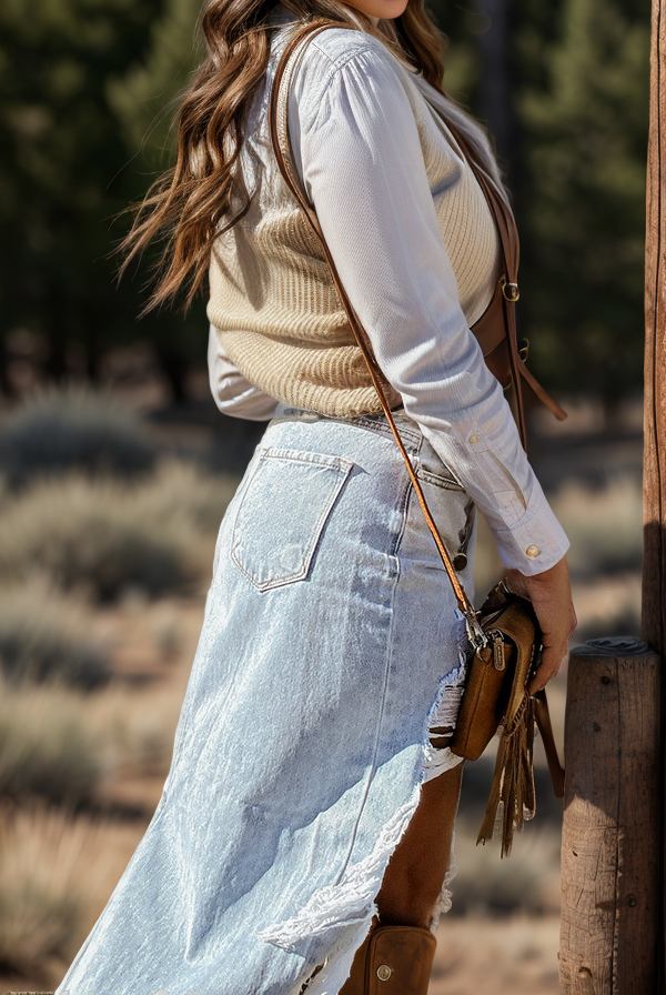 Vintage Western Style Denim Maxi Skirt