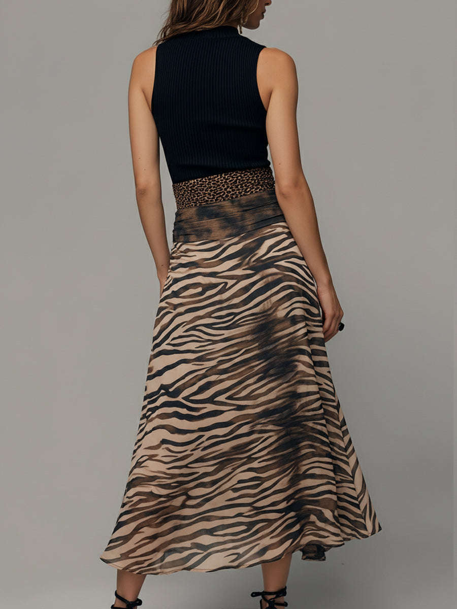 Vintage Zebra Print Tie-dye Patchwork Sleeveless Midi Dress